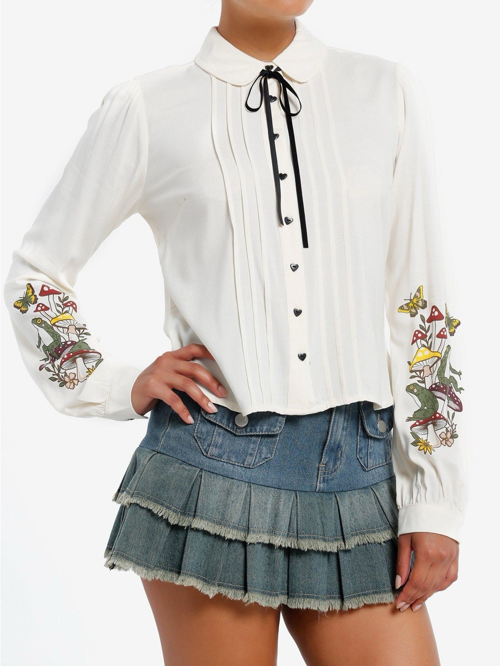Whimsigoth Thorn & Fable Cream Embroidered Frog Mushroom Blouse Cottagecore XL